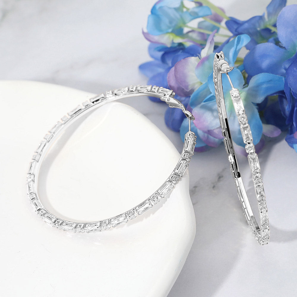 Crystal Baguette Stone Hoop Earrings on Silver | 3" | Pageant Hoop Earrings