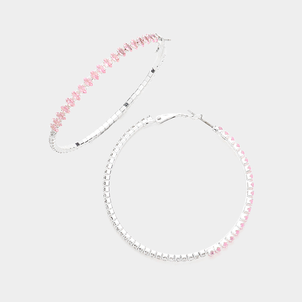 Pink and Clear CZ Rhinestone Hoop Earrings | 2.1"