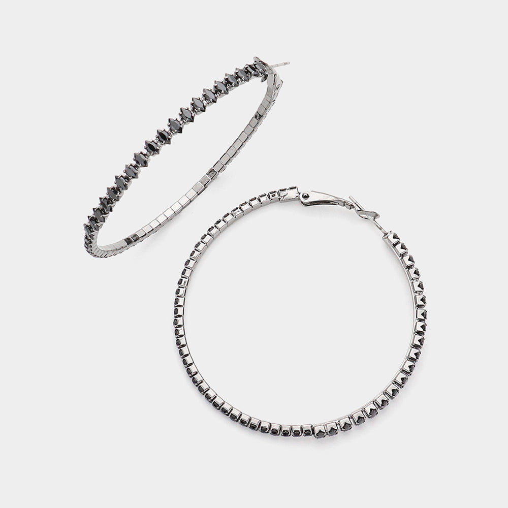 Black CZ Rhinestone Hoop Earrings  | 2.1"