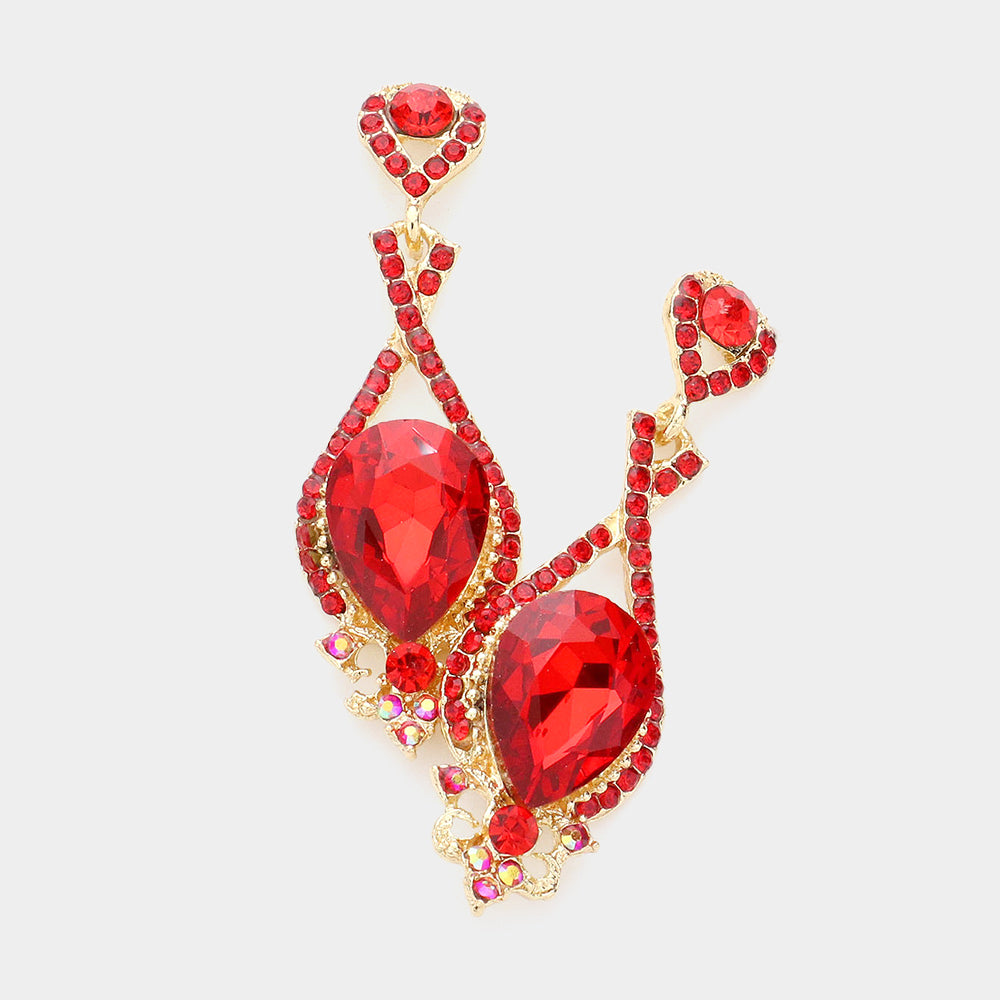 Red Crystal Rhinestone and Teardrop Pageant Earrings | Prom Earrings |  590516