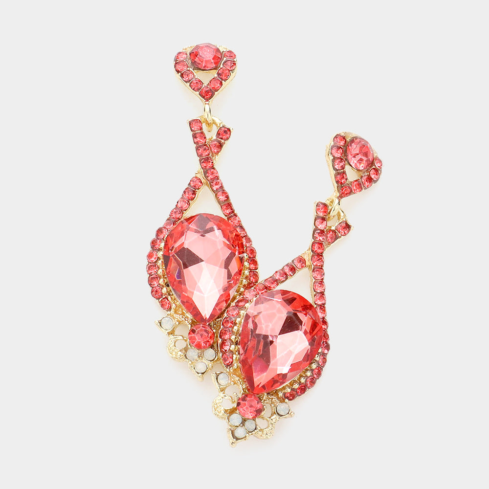 Coral Crystal Rhinestone and Teardrop Pageant Earrings | Prom Earrings