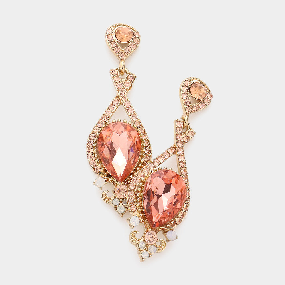 Peach Crystal Rhinestone and Teardrop Pageant Earrings | Prom Earrings