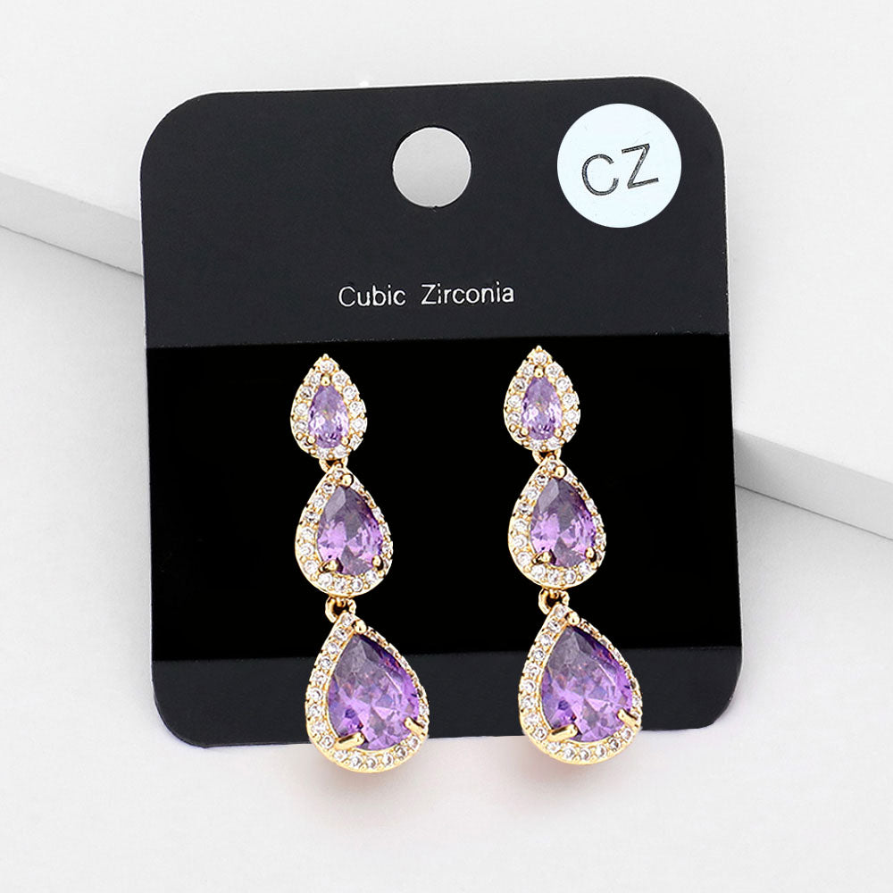Small Amethyst CZ Triple Drop Link Pageant Earrings | Earrings for Little Girls