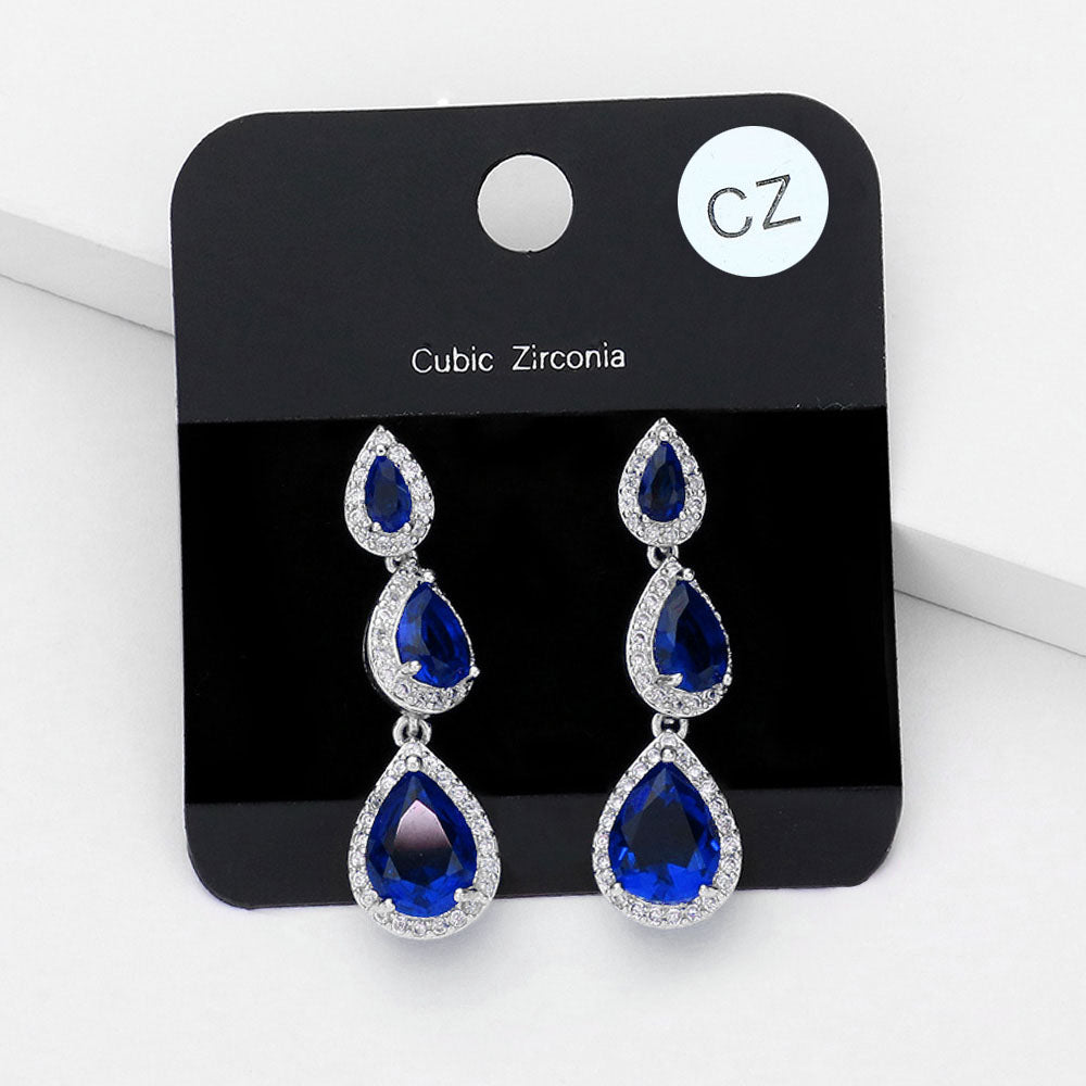 Small Sapphire CZ Triple Drop Link Pageant Earrings  | Earrings for Little Girls