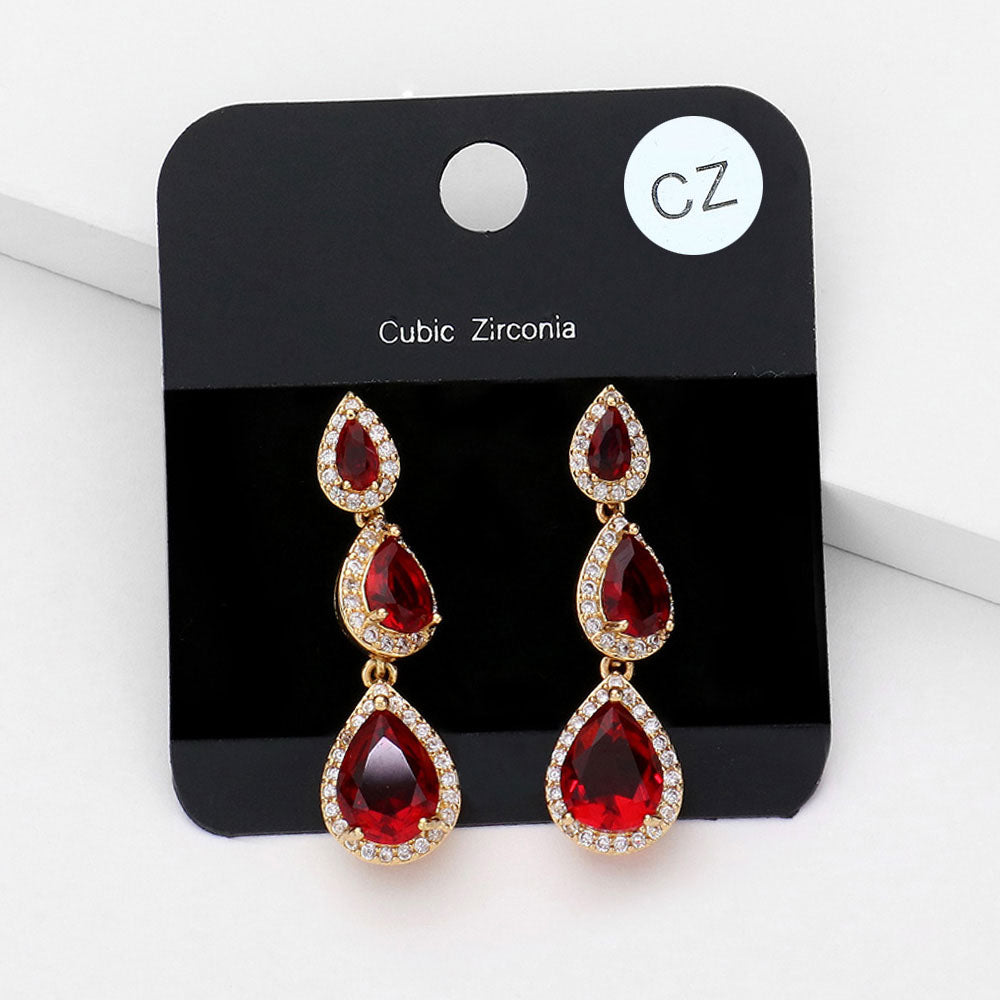 Small Red CZ Triple Drop Link Pageant Earrings  | Earrings for Little Girls