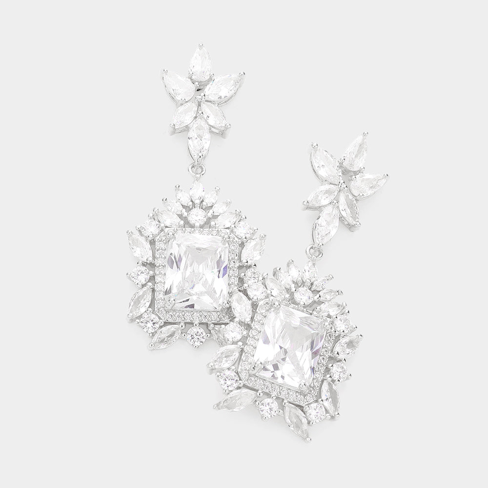 CZ Square and Accented Multi Stone Shape Dangle Pageant Earrings | Interview Earrings