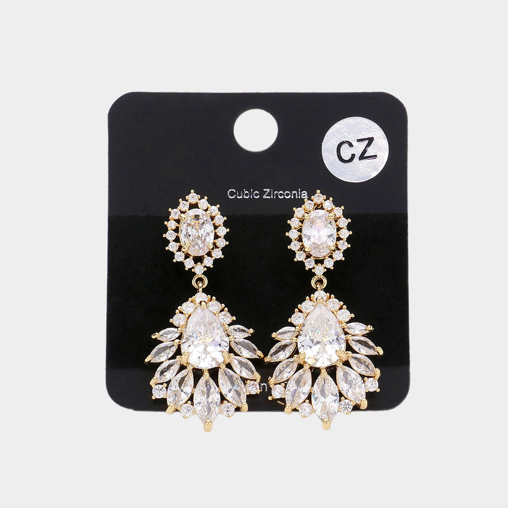 Multi CZ Stone Cluster Dangle Pageant Earrings on Gold | Prom Earrings