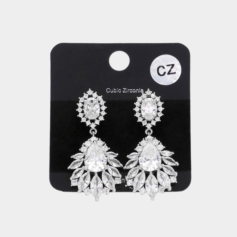 Multi CZ Stone Cluster Dangle Pageant Earrings on Silver | Prom Earrings