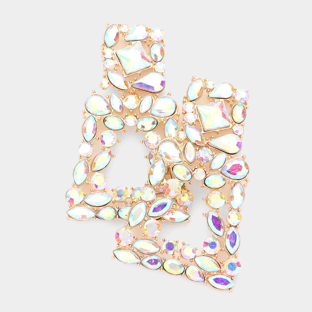 AB Crystal Cluster Door Knocker Earrings on Gold | Pageant Earrings