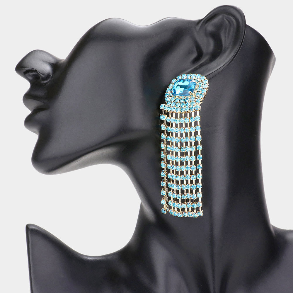 Emerald Cut Aqua Stone and Rhinestone Fringe Pageant Earrings | Prom Earrings