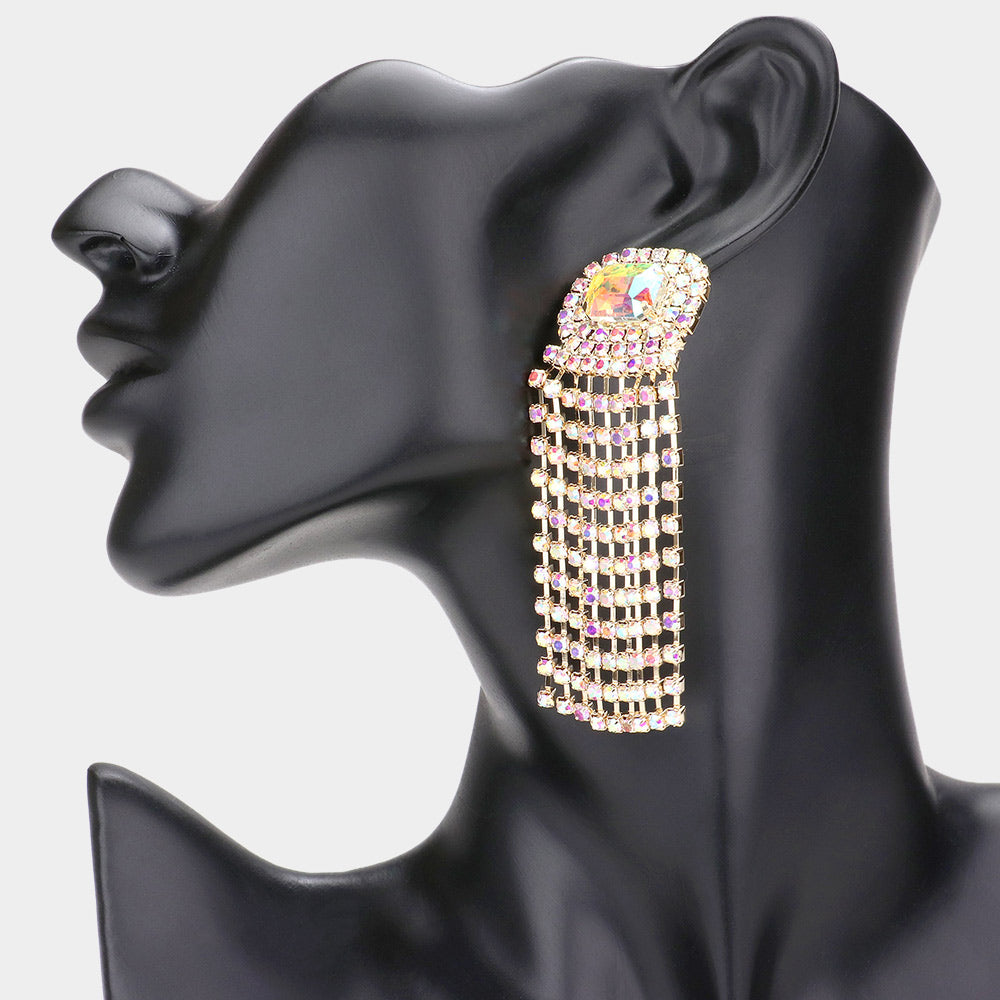 Emerald Cut AB Stone and Rhinestone Fringe Pageant Earrings on Gold | Prom Earrings