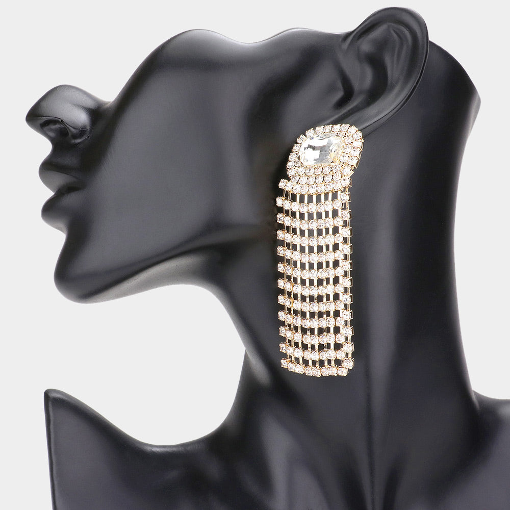 Emerald Cut Clear Stone and Rhinestone Fringe Pageant Earrings on Gold | Prom Earrings