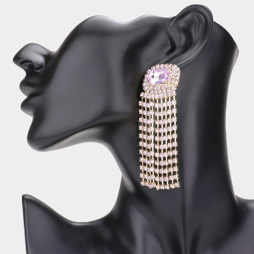 Emerald Cut Lavender Stone and Rhinestone Fringe Pageant Earrings  | Prom Earrings