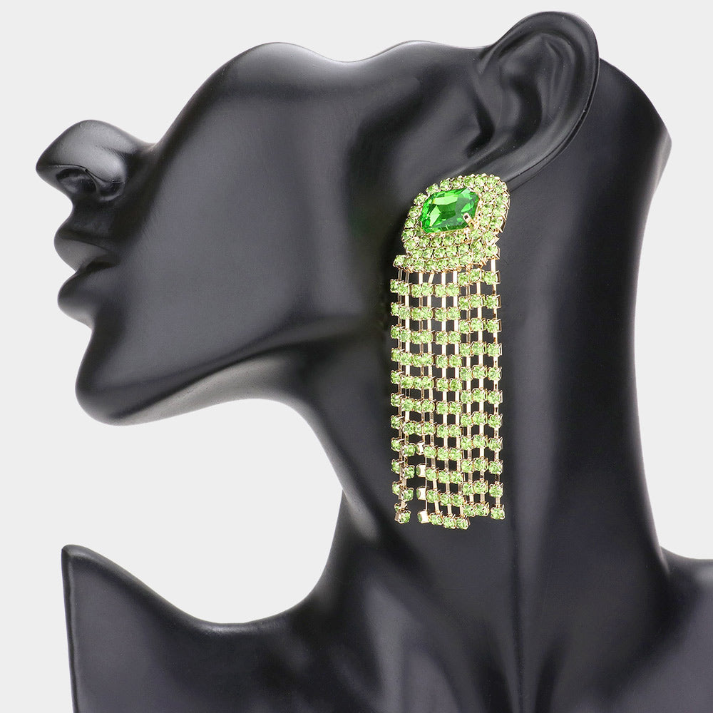 Emerald Cut Green Stone and Rhinestone Fringe Pageant Earrings  | Prom Earrings