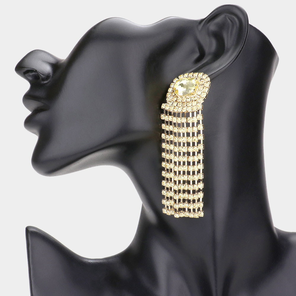 Emerald Cut Light Gold Stone and Rhinestone Fringe Pageant Earrings  | Prom Earrings