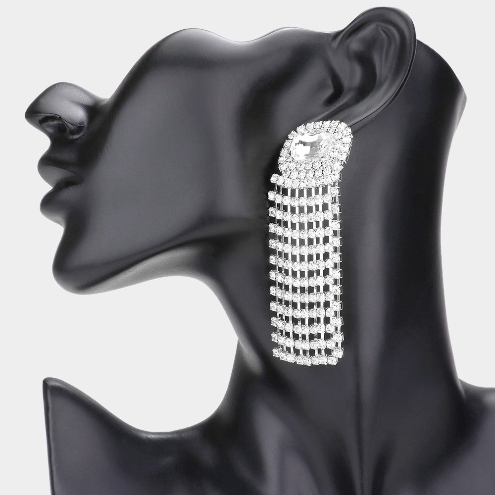 Emerald Cut Clear Stone and Rhinestone Fringe Pageant Earrings  | Prom Earrings