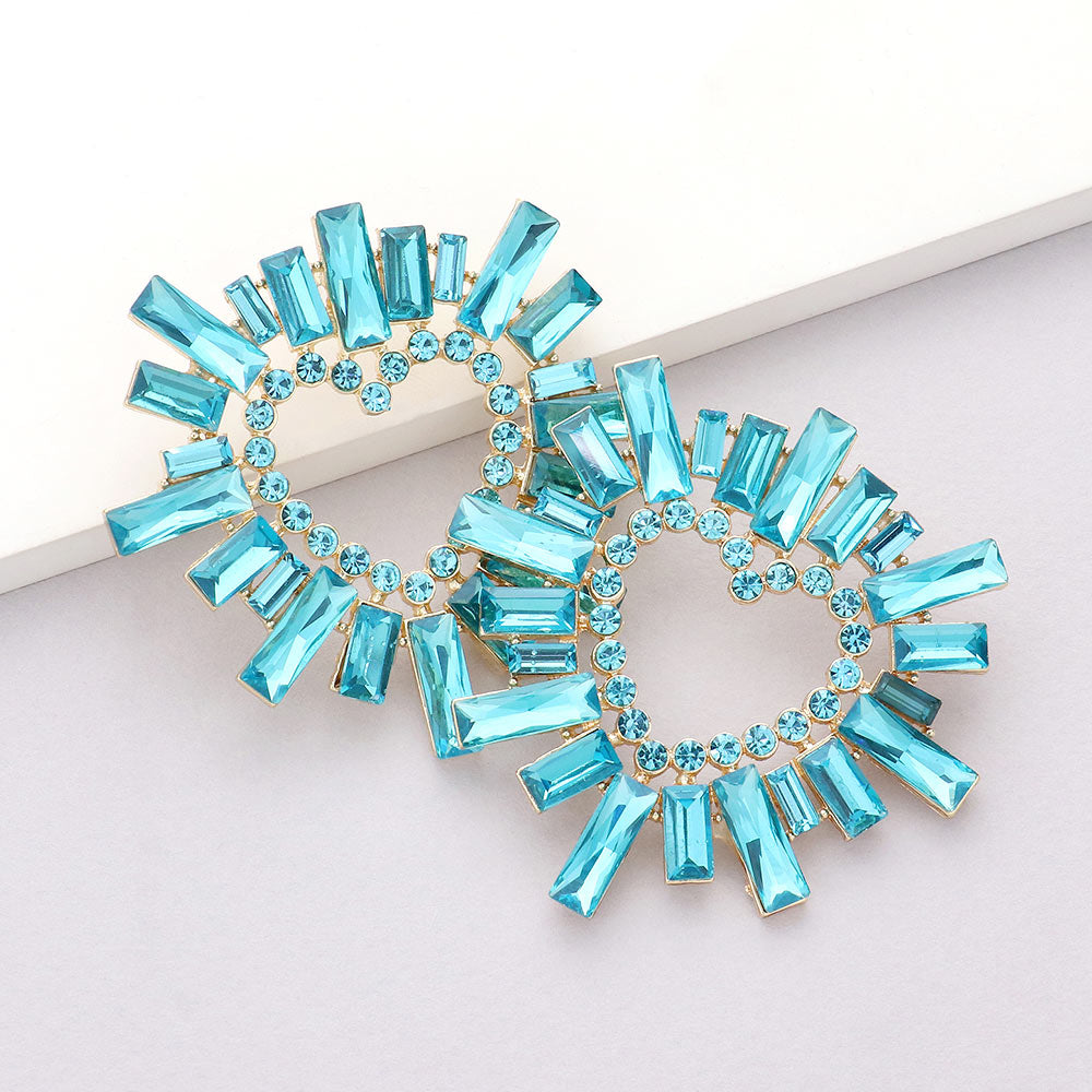 Aqua Crystal Stone Cluster Heart Pageant Earrings | Prom Earrings