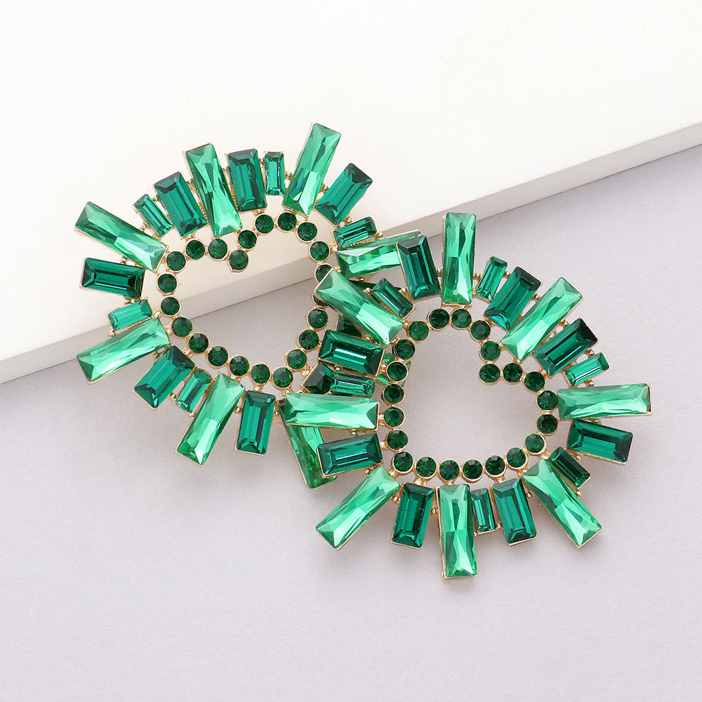 Emerald Crystal Stone Cluster Heart Pageant Earrings  | Prom Earrings