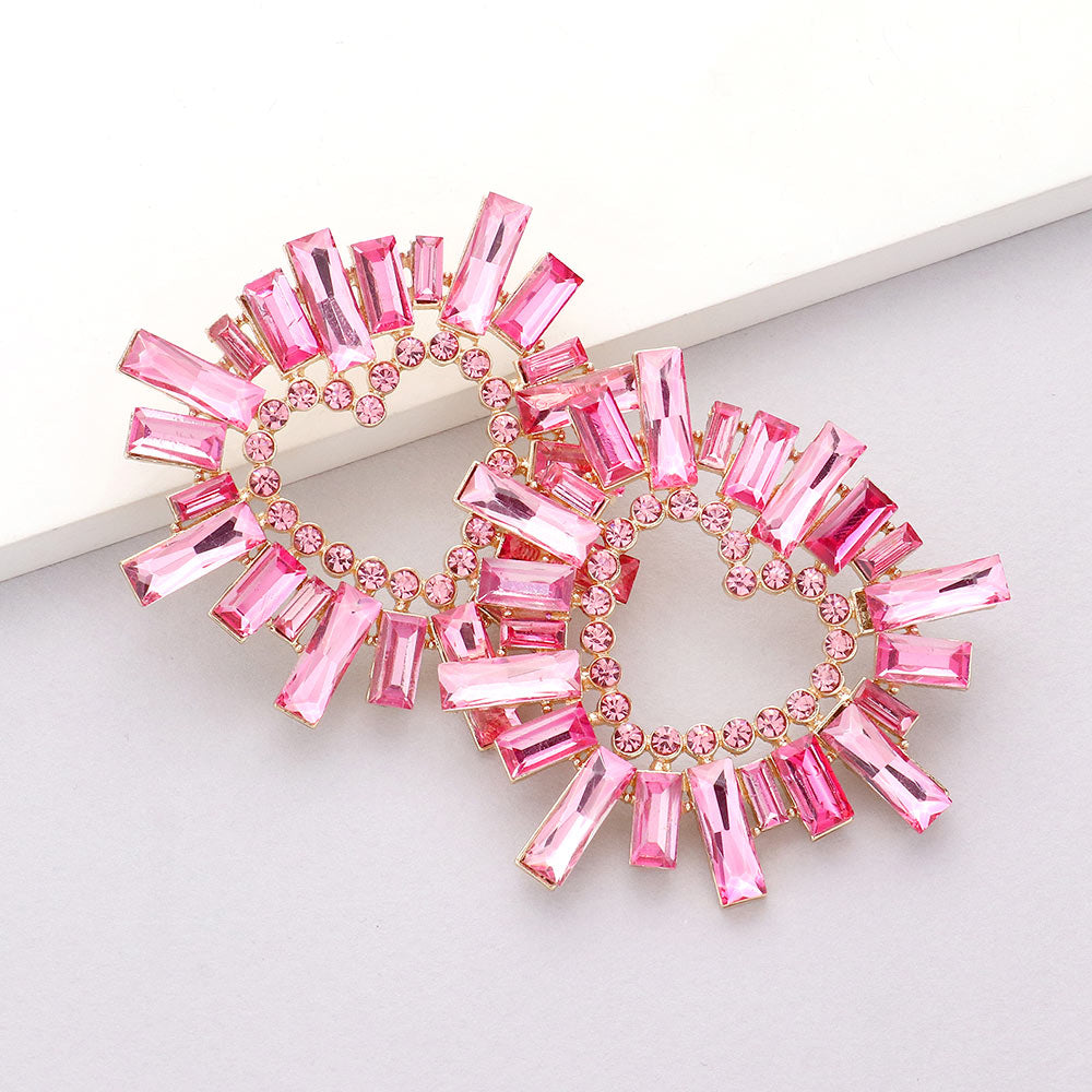 Pink Crystal Stone Cluster Heart Pageant Earrings  | Prom Earrings