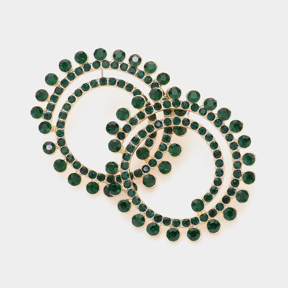 Emerald Crystal Cluster Swirl Round Pageant Earrings  | Evening Earrings