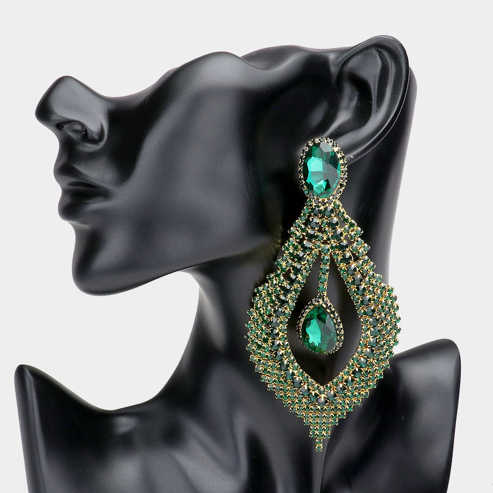 Long Emerald Crystal Chandelier Pageant Earrings | 512169
