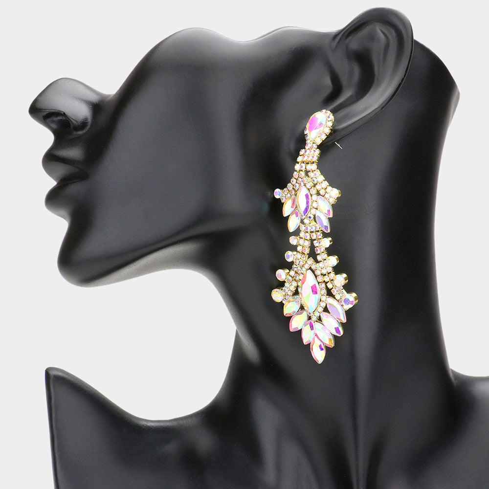 AB Marquise and Multi Shape Stone Chandelier Earrings on Gold | Long AB Dangle Earrings on Gold