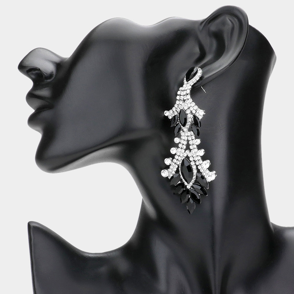 Black Marquise and Multi Shape Stone Chandelier Earrings | Long Black Dangle Earrings