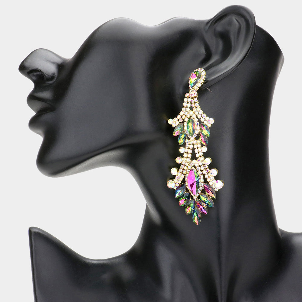Multi-Color Marquise and Multi Shape Stone Chandelier Earrings  | Long Multi- Color Dangle Earrings