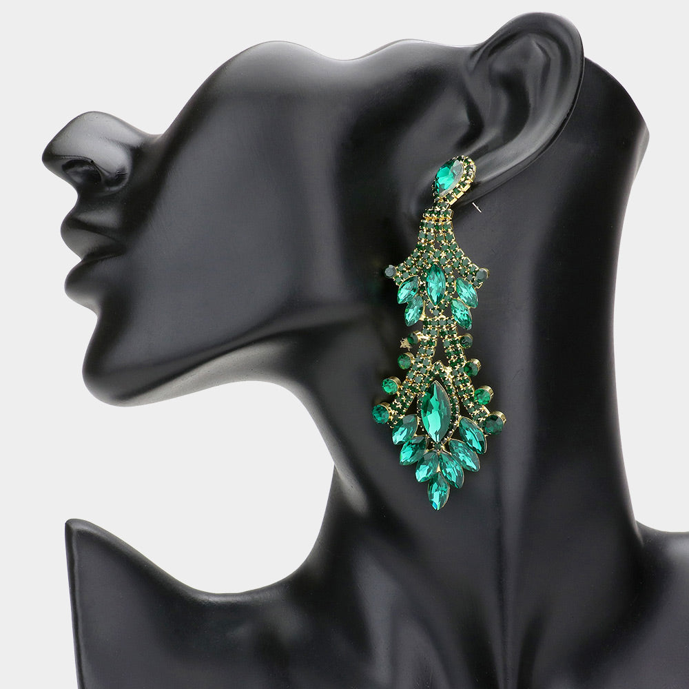Emerald Marquise and Multi Shape Stone Chandelier Earrings  | Long Emerald Dangle Earrings