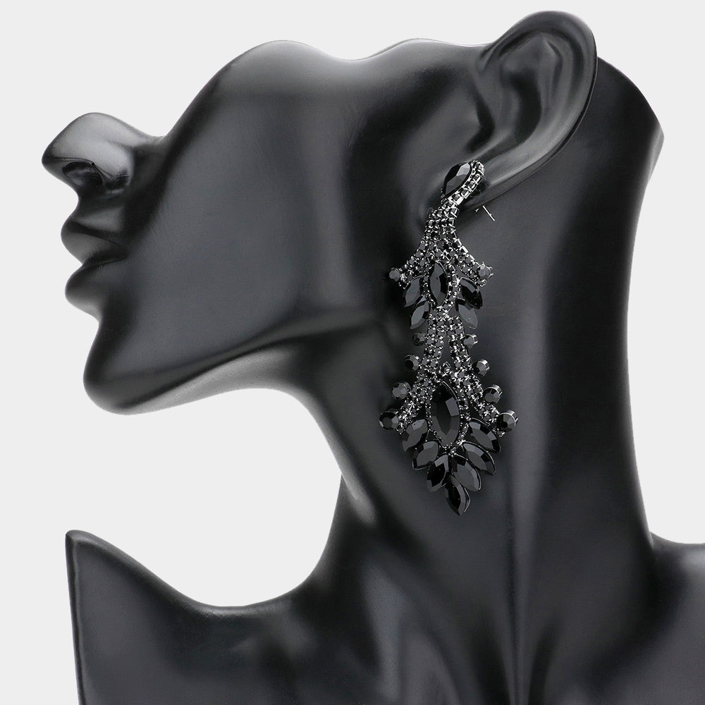 Black Marquise and Multi Shape Stone Chandelier Earrings  | Long Black Dangle Earrings