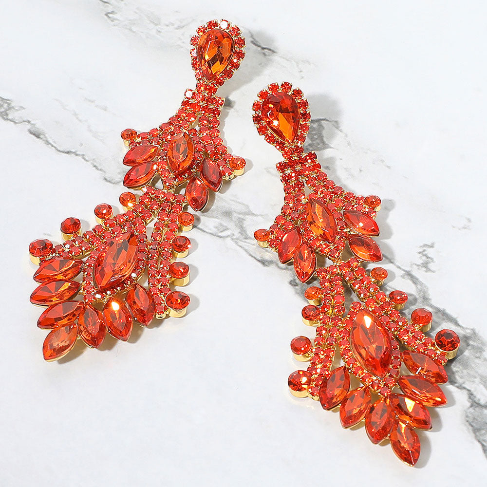 Orange Marquise and Multi Shape Stone Chandelier Earrings | Long Orange Dangle Earrings