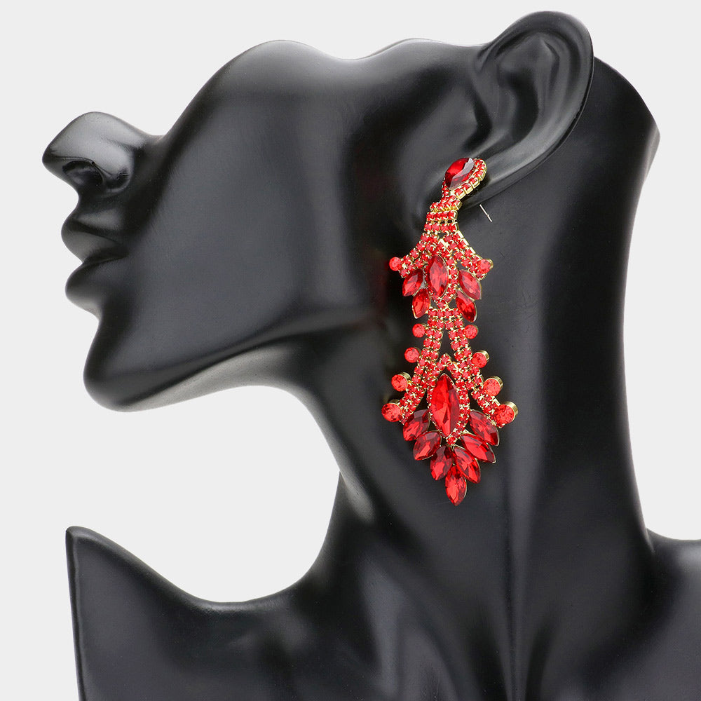 Red Marquise and Multi Shape Stone Chandelier Earrings | Long Red Dangle Earrings