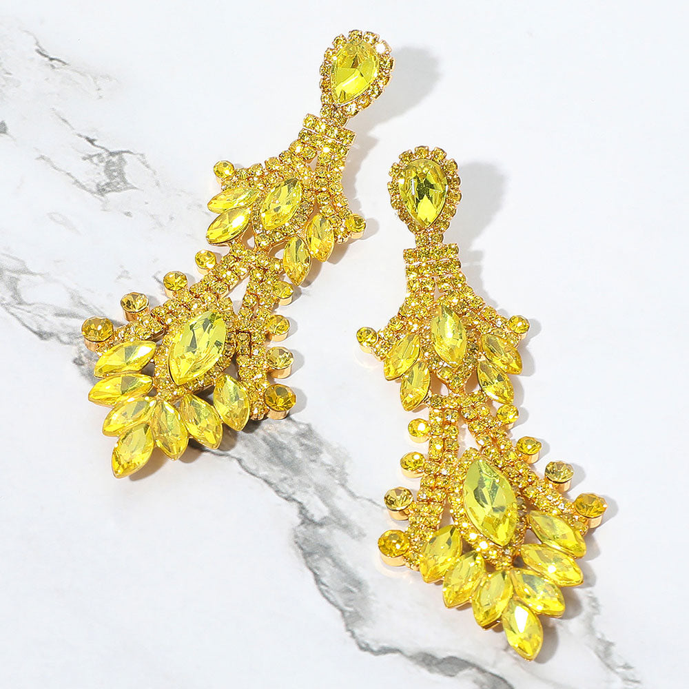 Yellow Marquise and Multi Shape Stone Chandelier Earrings | Long Yellow Dangle Earrings