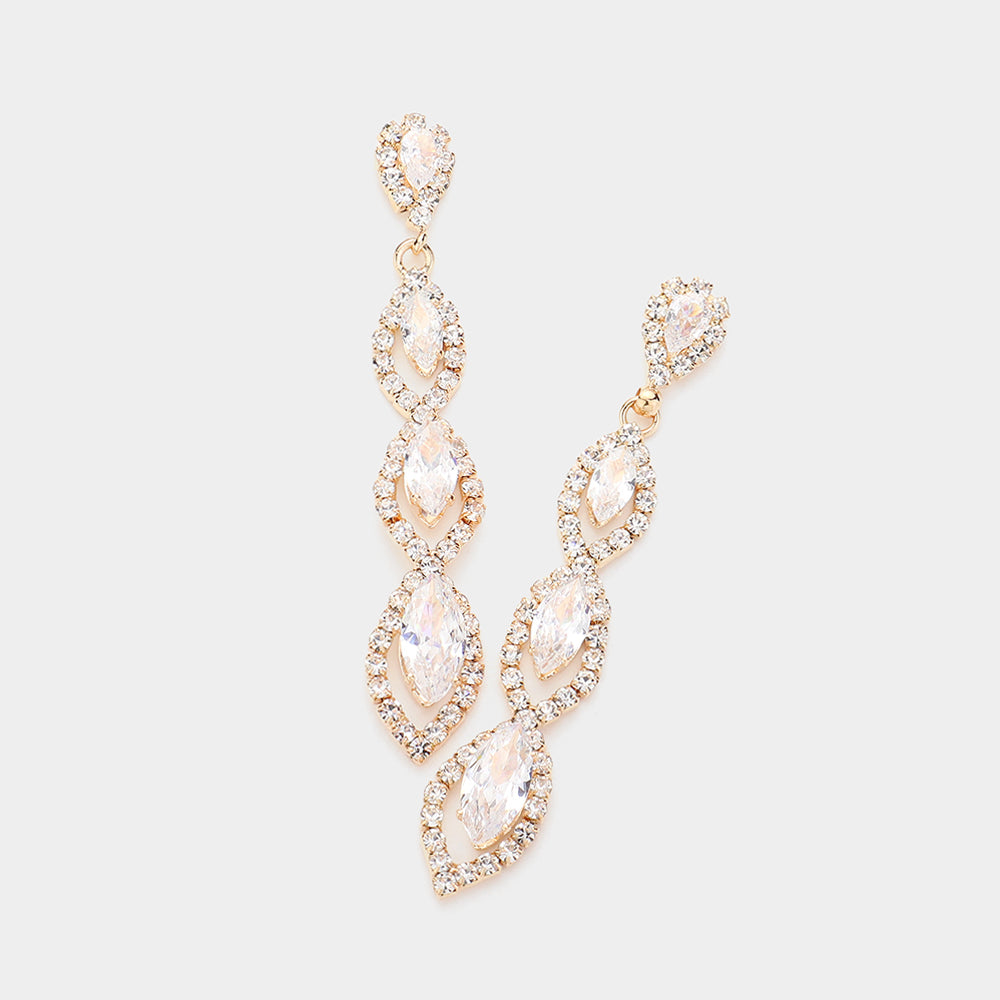 Clear CZ Marquise Multi Link Drop Pageant Earrings on Gold | Prom Earrings