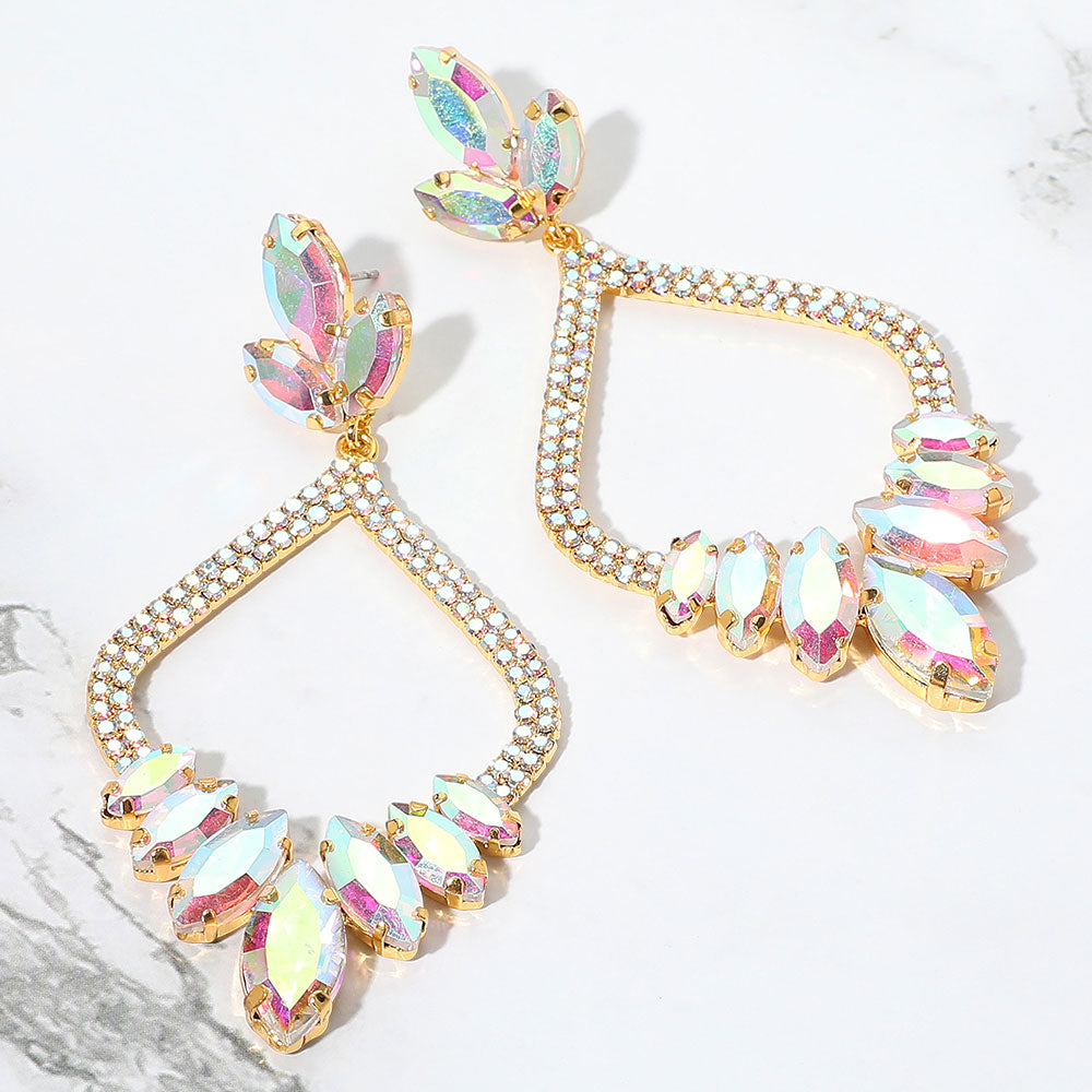 AB Marquise and Rhinestone Embellished Open Chandelier Pagant Earrings on Gold | Dangle Earrings