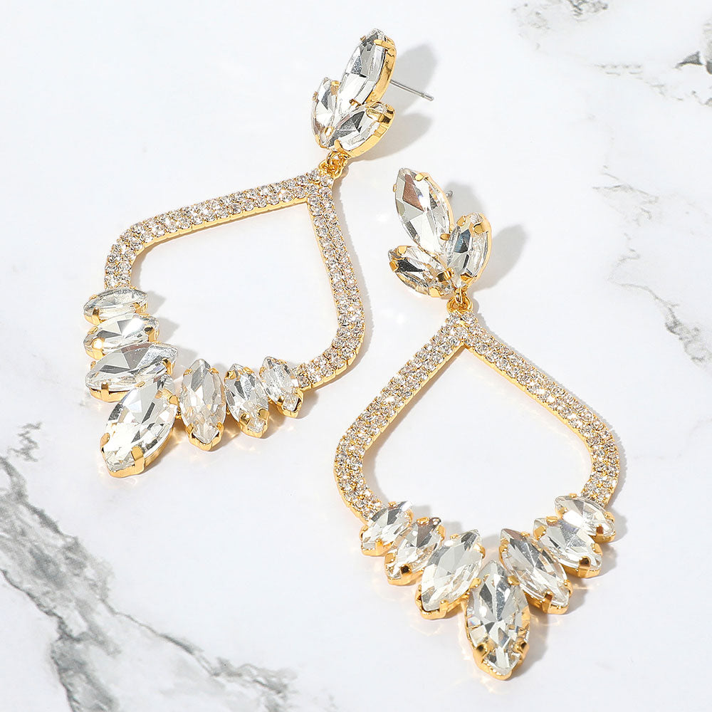 Clear Marquise and Rhinestone Embellished Open Chandelier Pagant Earrings on Gold | Dangle Earrings