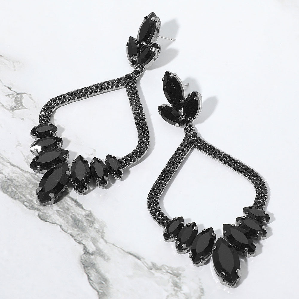 Black Marquise and Rhinestone Embellished Open Chandelier Pagant Earrings  | Dangle Earrings