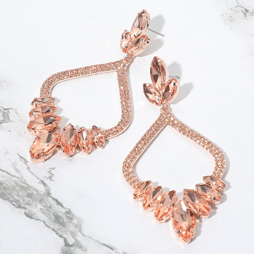 Peach Marquise and Rhinestone Embellished Open Chandelier Pagant Earrings | Dangle Earrings