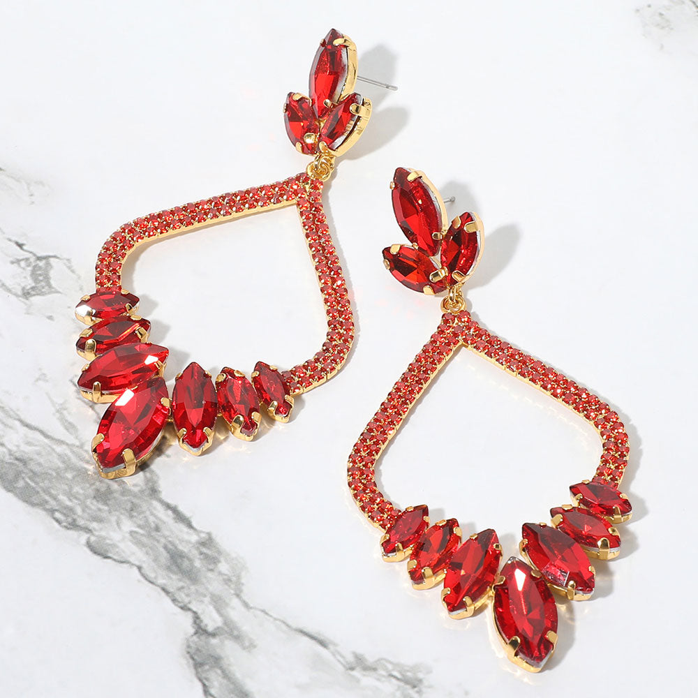 Red Marquise and Rhinestone Embellished Open Chandelier Pagant Earrings | Dangle Earrings
