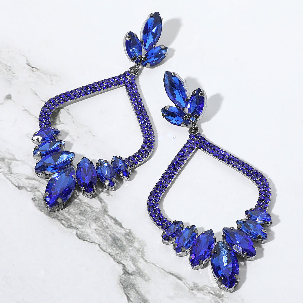 Royal Blue Marquise and Rhinestone Embellished Open Chandelier Pagant Earrings | Dangle Earrings
