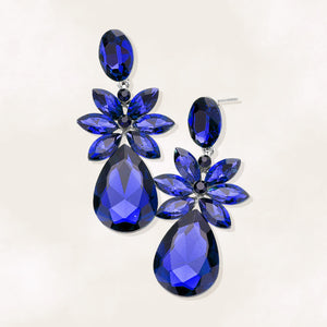 Royal Blue Sapphire crystal flower teardrop earrings on silver displayed on white background