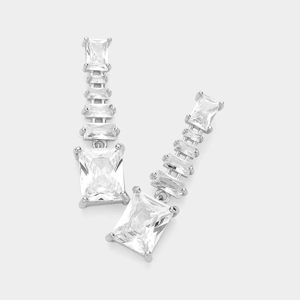 Small Dangle CZ Emerald Cut Clear Stone Pageant Earrings  | Interview Earrings