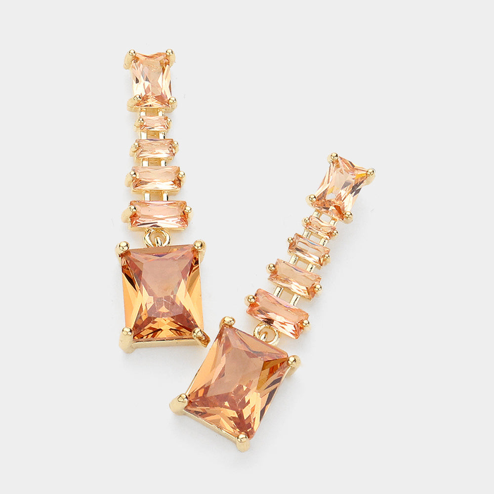 Small Dangle CZ Emerald Cut Gold Stone Pageant Earrings  | Interview Earrings