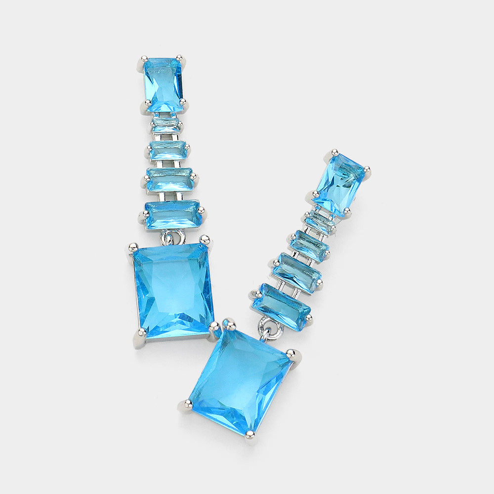 Small Dangle CZ Emerald Cut Aqua Stone Pageant Earrings | Interview Earrings