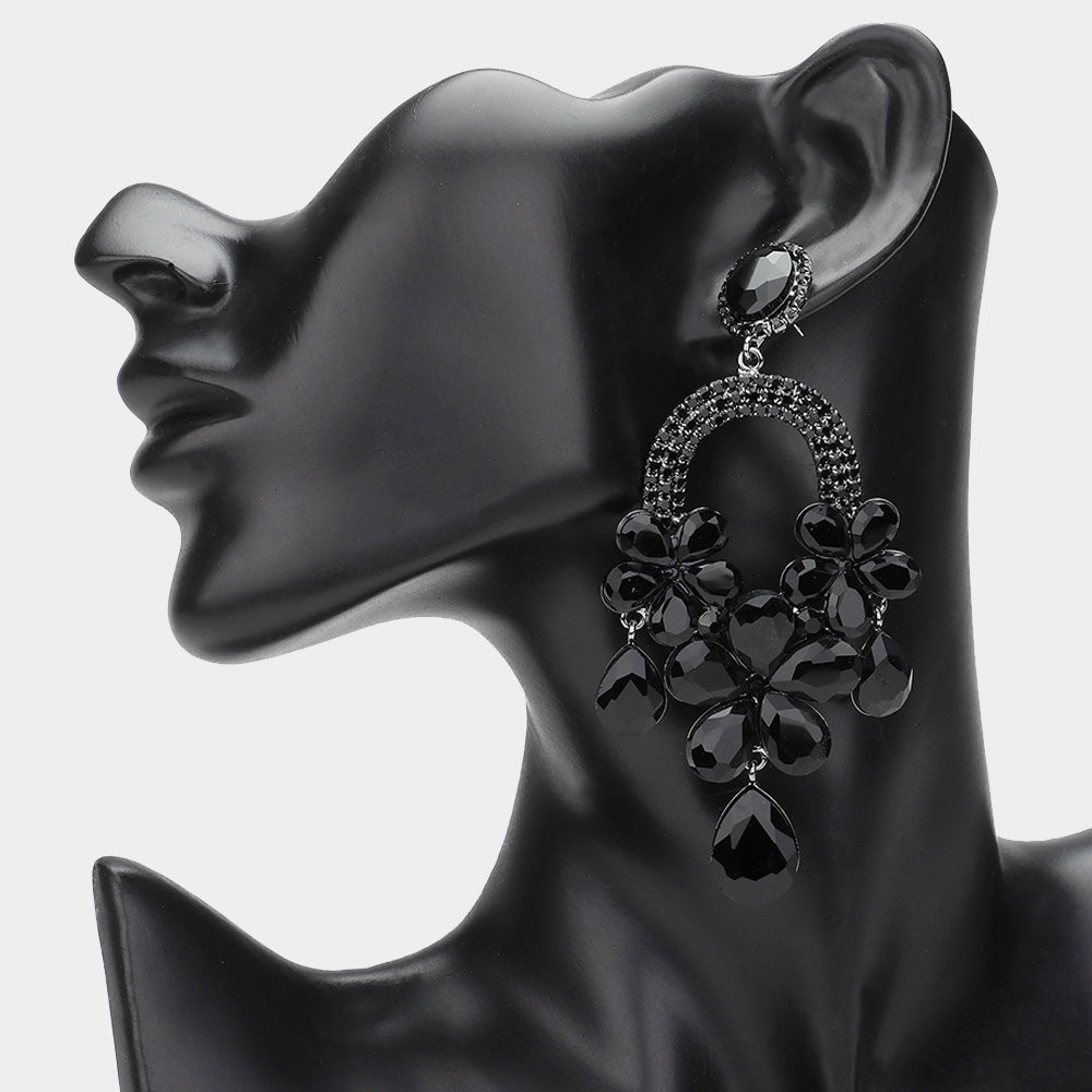 Long Black Flower Teardrop Chandelier Pageant Earrings | Large Crystal Earrings