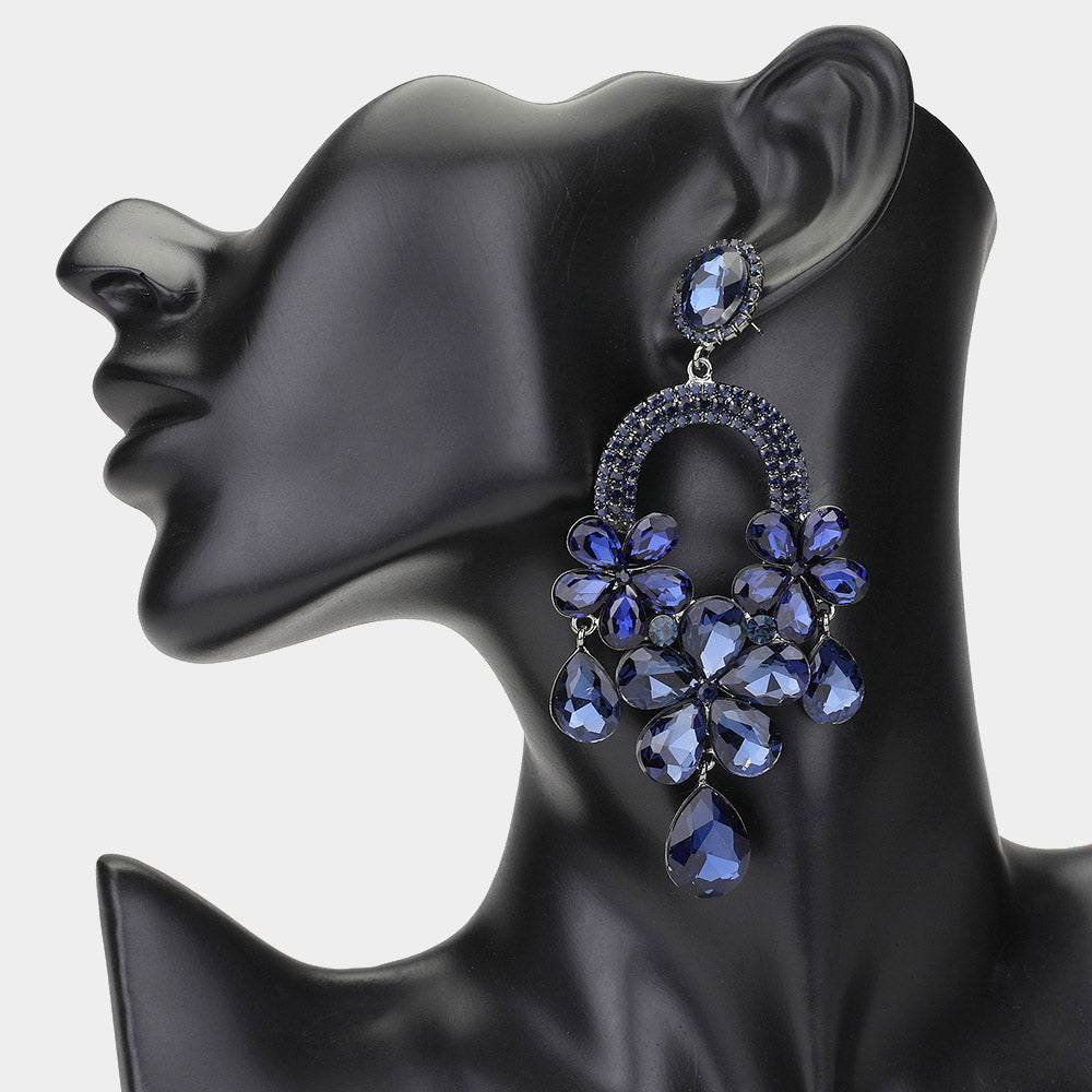 Long Navy Flower Teardrop Chandelier Pageant Earrings | Large Crystal Earrings