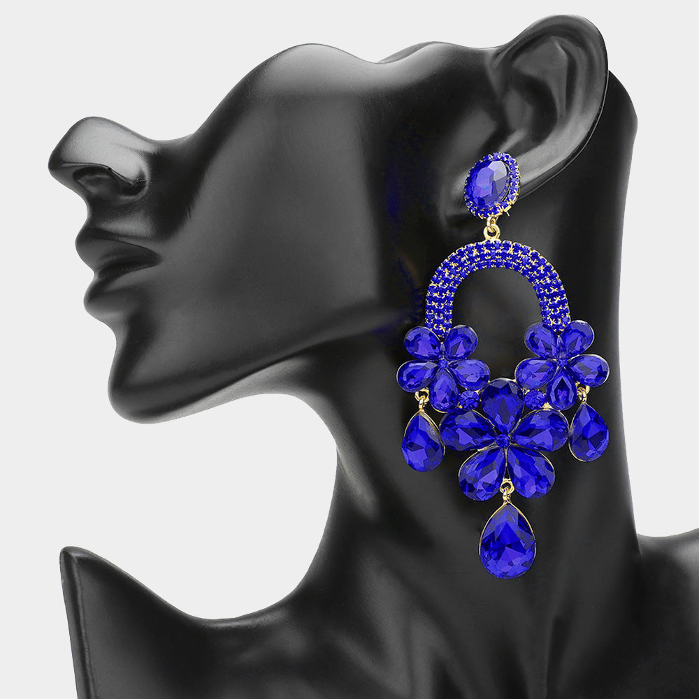 Long Royal Blue Flower Teardrop Chandelier Pageant Earrings Large Crystal Earrings L M Bling lmbling