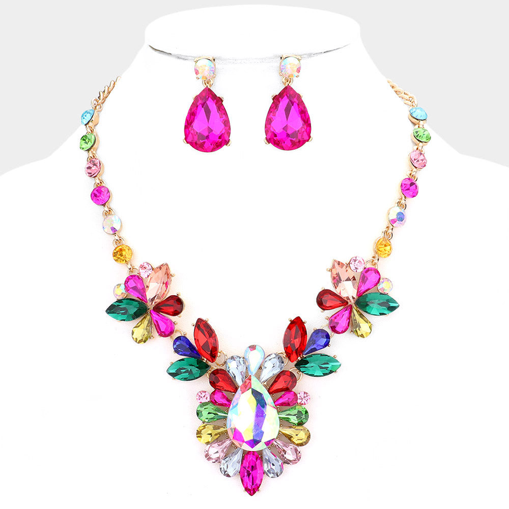 Multi-Color Crystal Teardrop Stone Cluster Pageant Necklace | Prom Necklace 