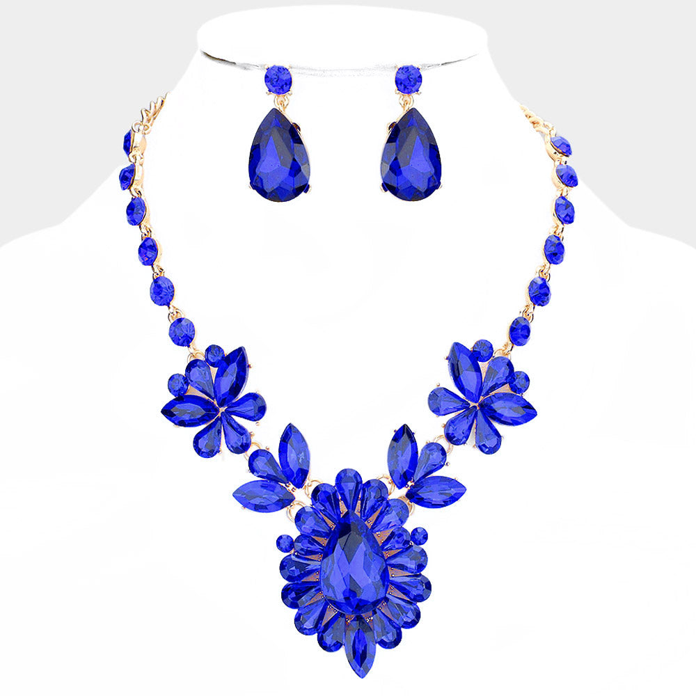 Sapphire Crystal Teardrop Stone Cluster Pageant Necklace | Prom Necklace