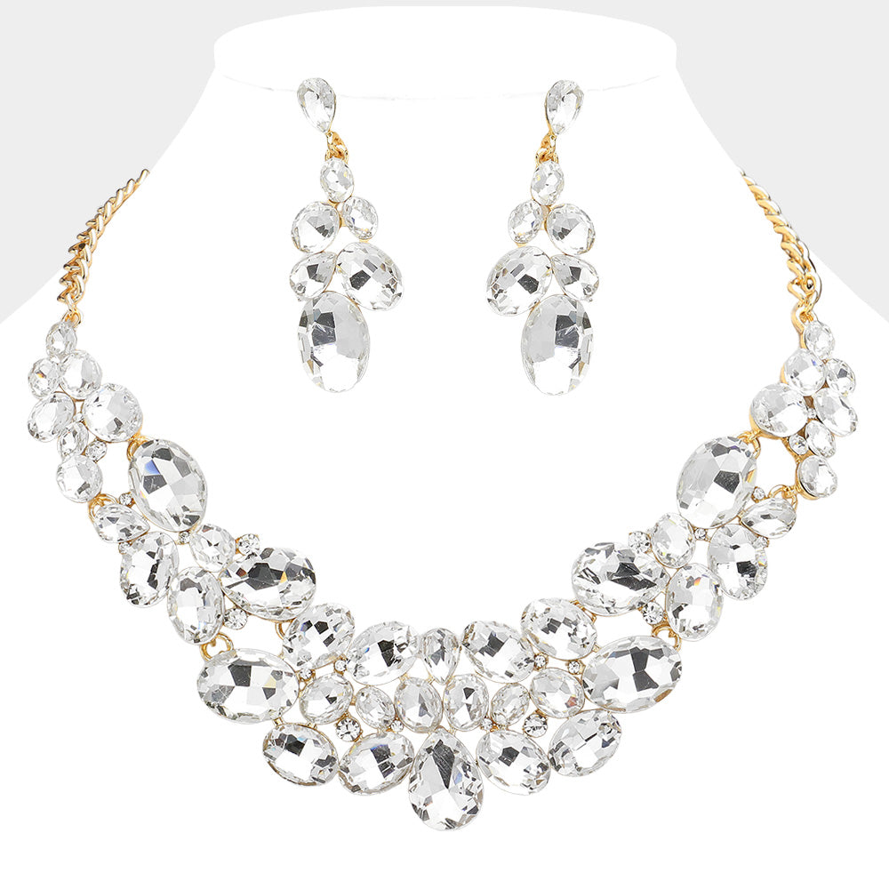 Clear Multi Stone Bubble Cluster Prom Necklace Set on Gold| Evening Necklace with Earrings
